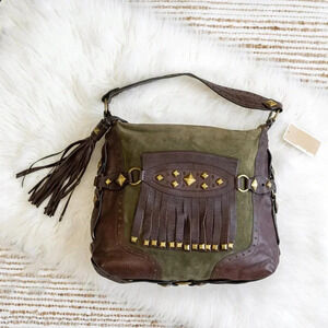 NWT! MICHAEL KORS COLLEGIATE STUDDED BROWN LEATHER OLIVE GREEN SUEDE BAG